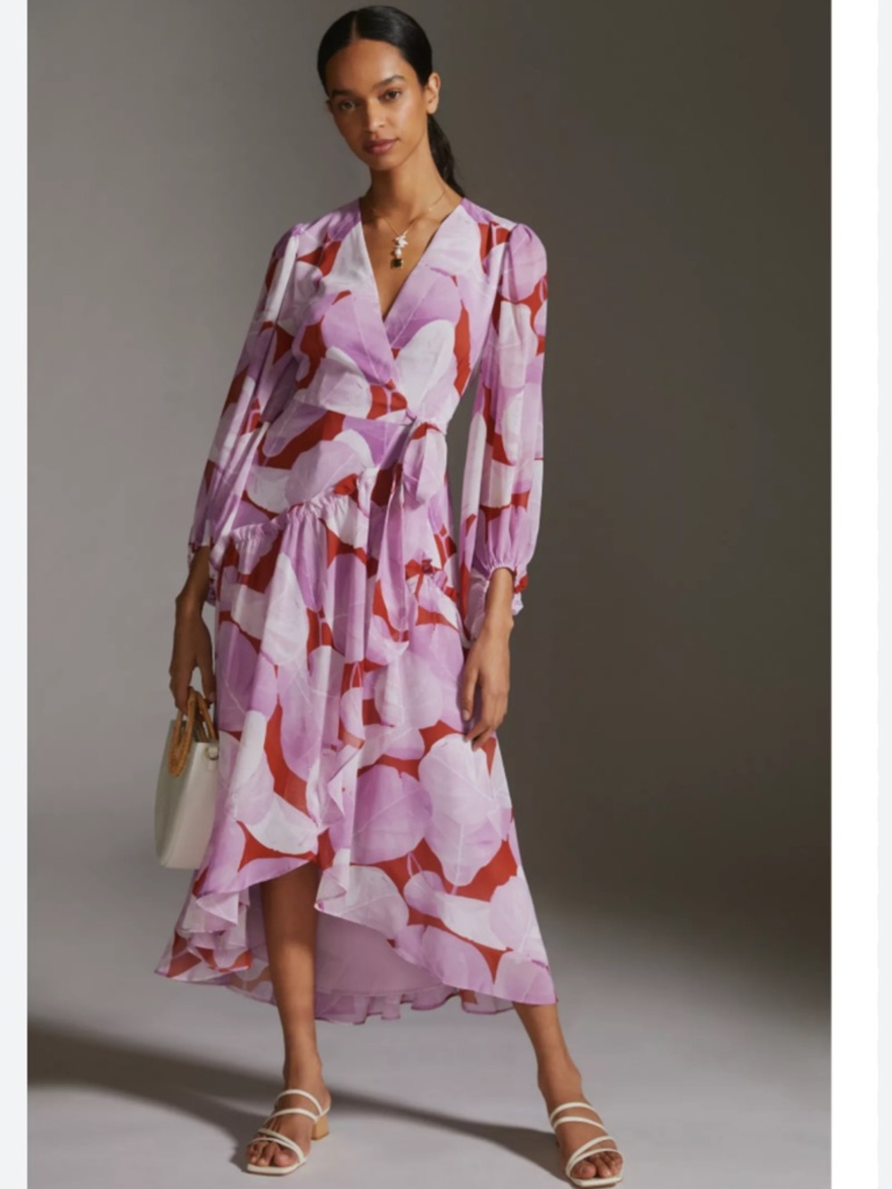 Hutch Pink and Orange Floral Wrap chiffon midi Dress by Anthropologie